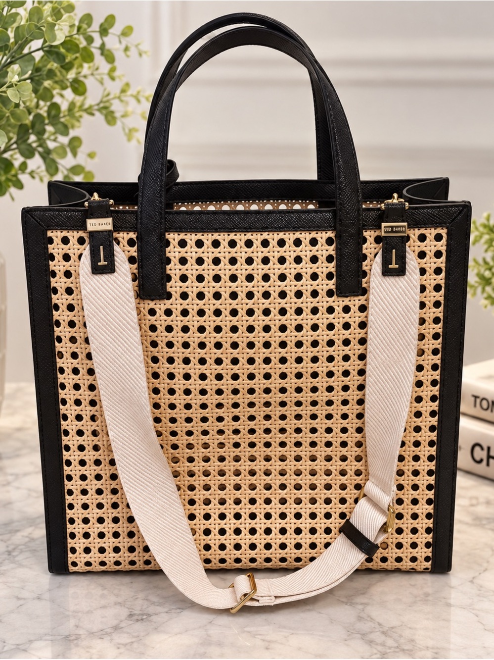 Ted Baker Woven Cane & Black Tote Bag with Shoulder Strap
